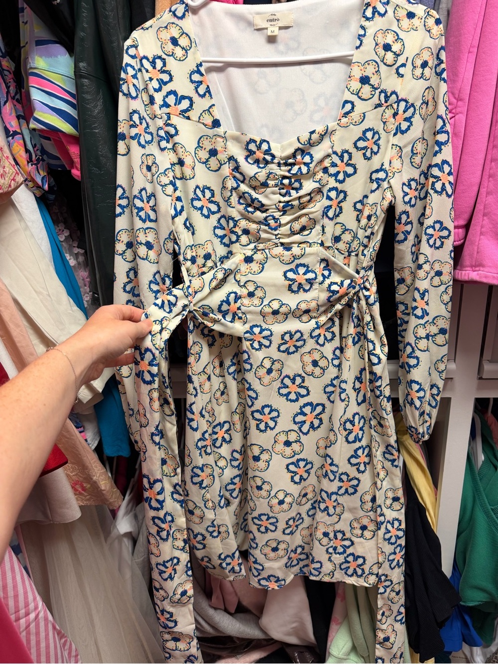 entro Cream Mini Dress with Blue and Peach Floral Print